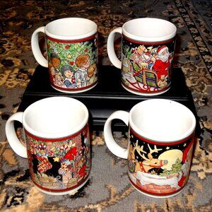 VTG. Susan Winget Santa Christmas Holiday Ceramic Mugs(4) 12 oz Certified Int.